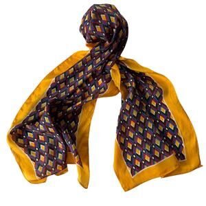 Vintage Geometric Silk Oblong Scarf Gold Retro Glam Diamond Print 41.5 x 12.5 in